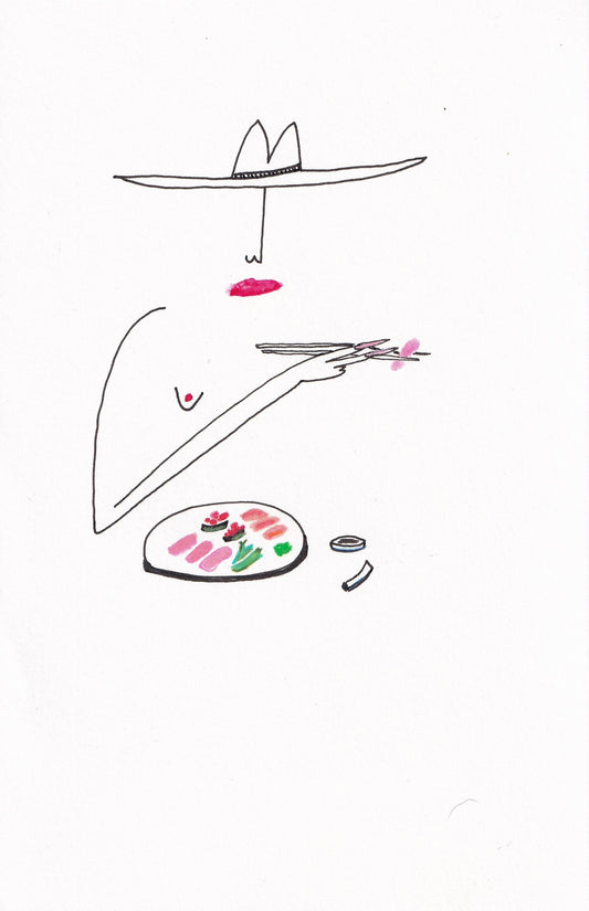 painting of a cowgirl enjoying sashimi
