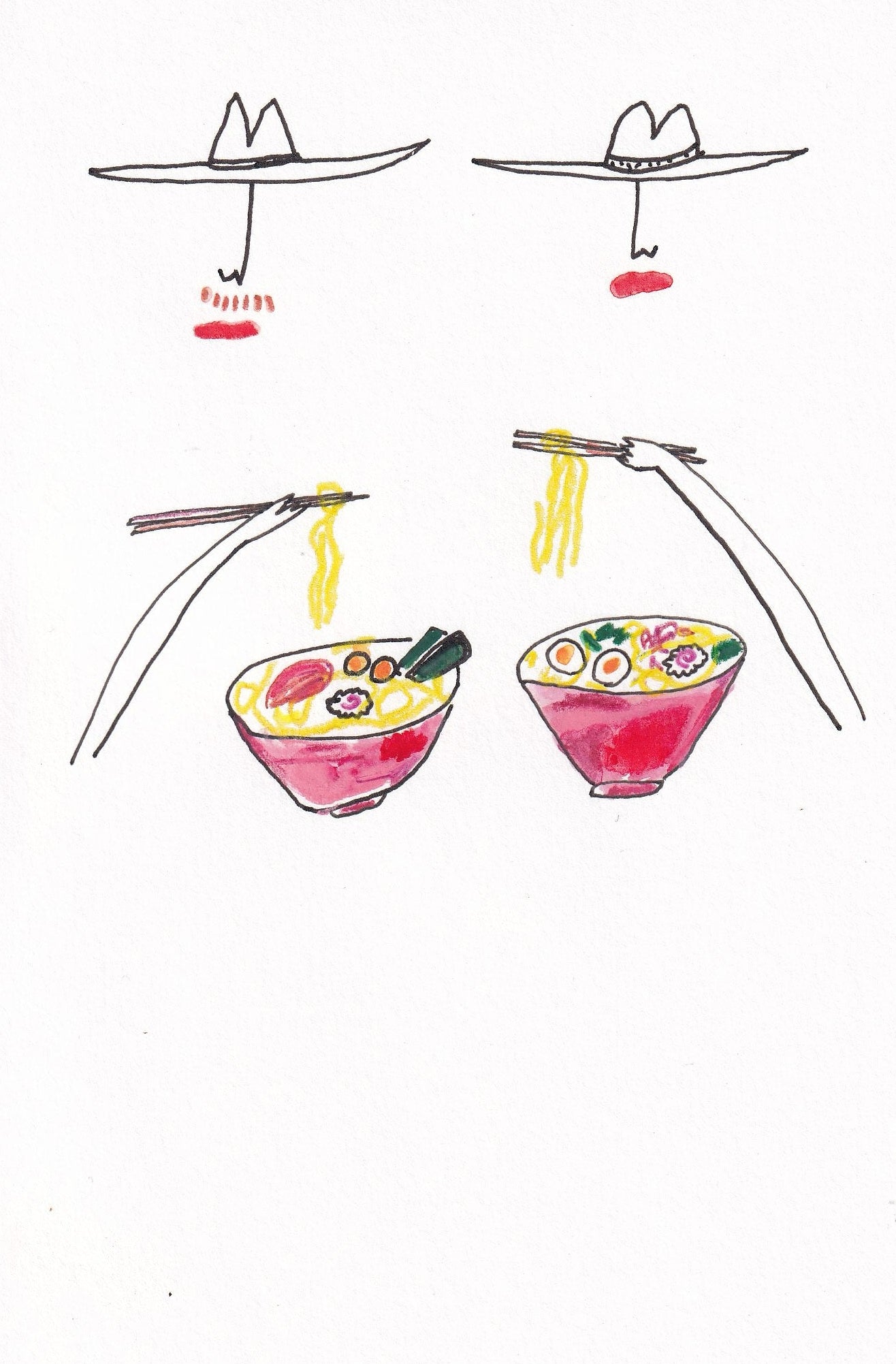 Illustration of a cowgirl and cowboy eating ramen with chopsticks on a white background