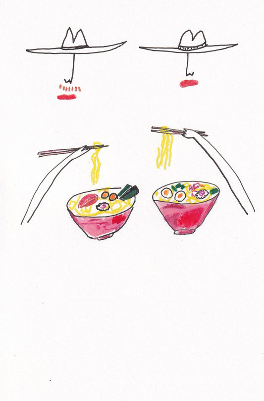 Illustration of a cowgirl and cowboy eating ramen with chopsticks on a white background